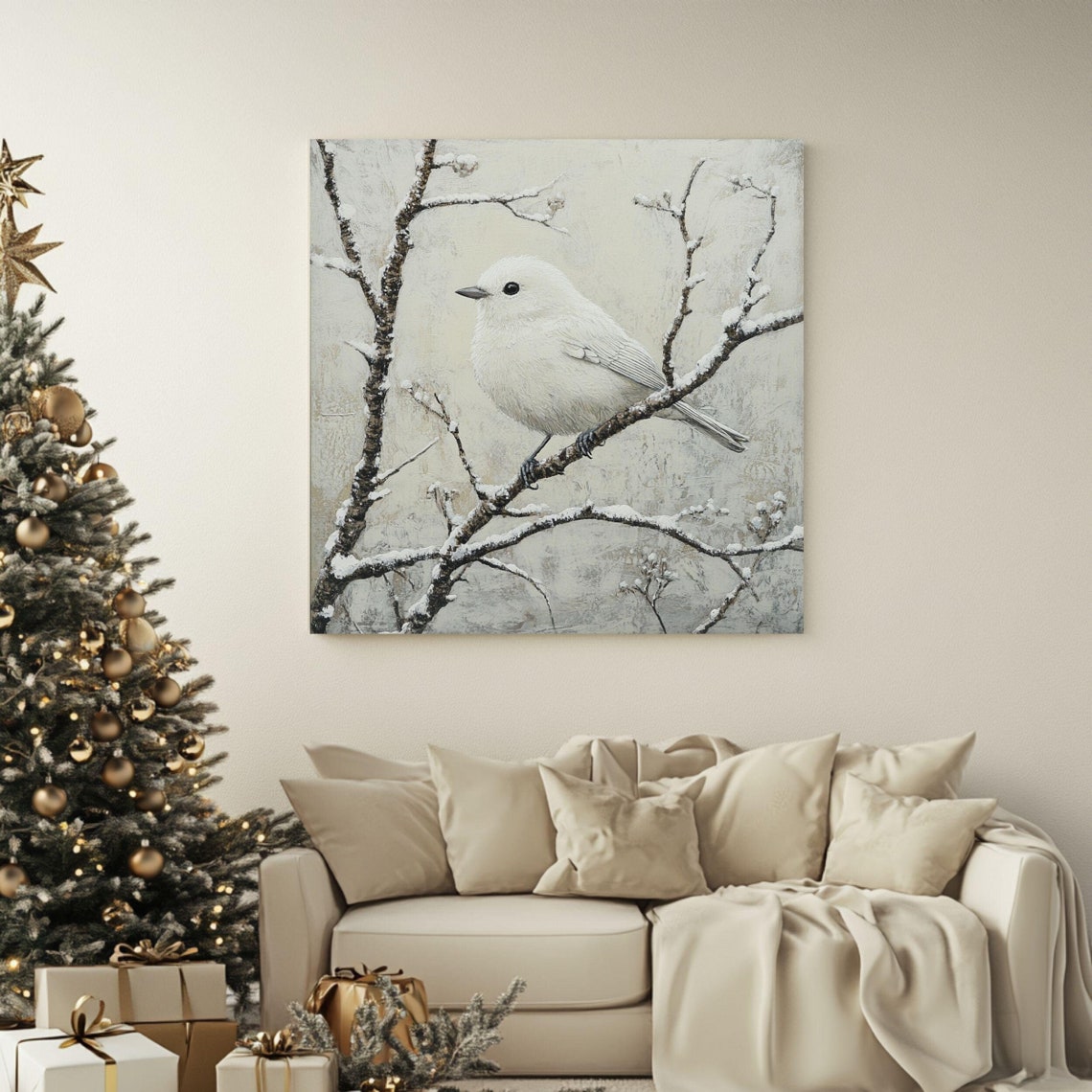 White Winter Bird Snowy Branch Minimalist Cozy Nature Poster