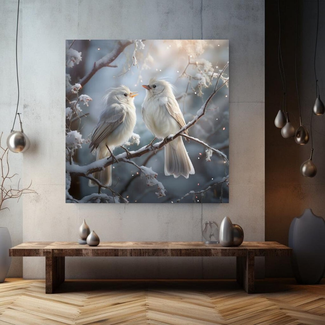Snow Bird Winter Pair White Birds Snowy Branch Serene Art Wall Print