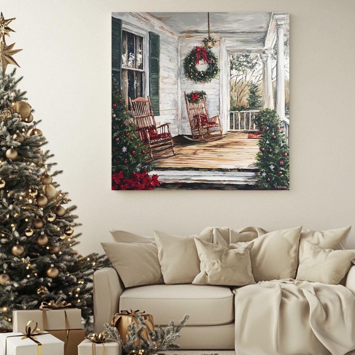 Christmas Farmhouse Porch Rocking Chairs Wreath Cozy Holiday Wall Art