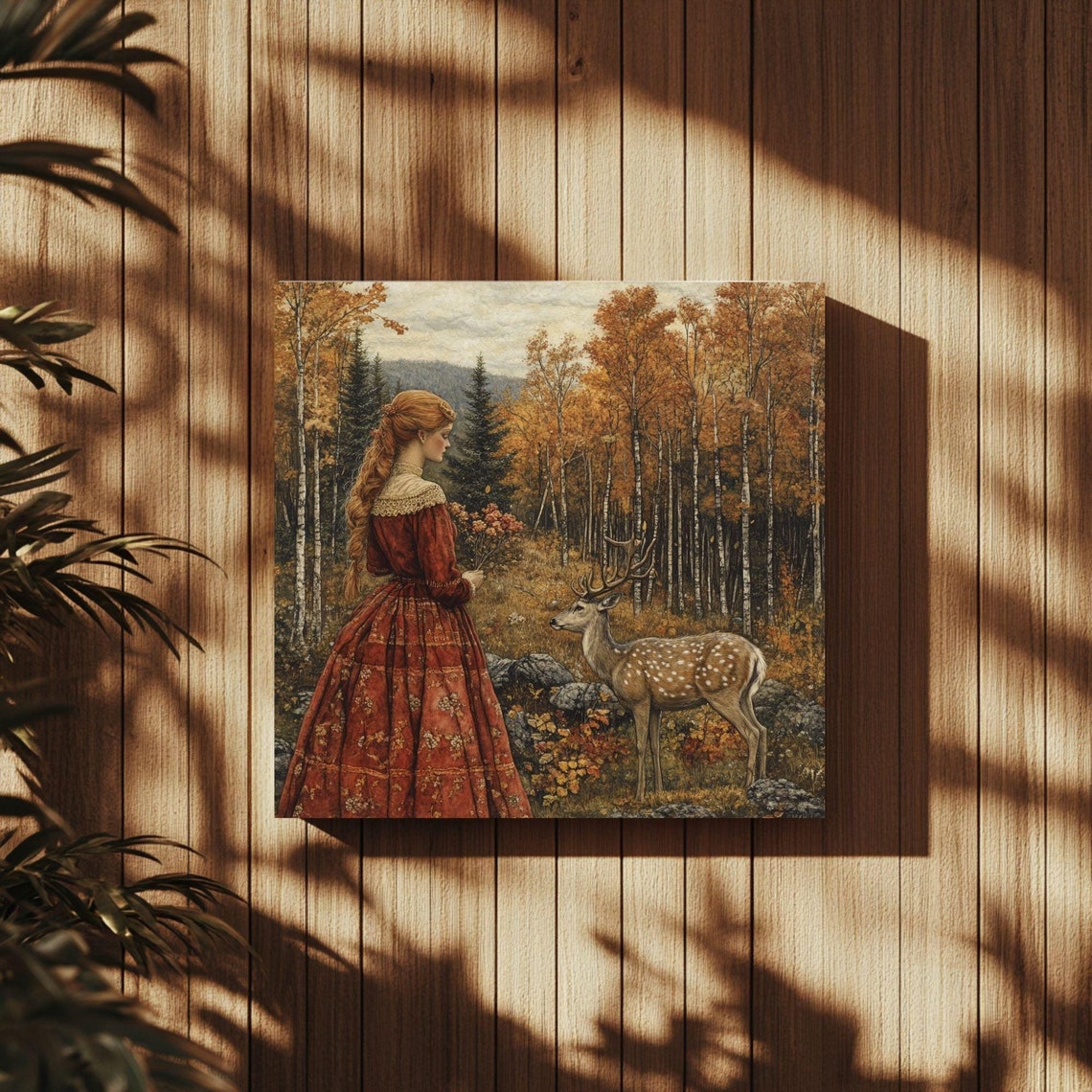 Goddess Maiden Red Gown With Deer Autumn Birch Forest Fantasy Poster