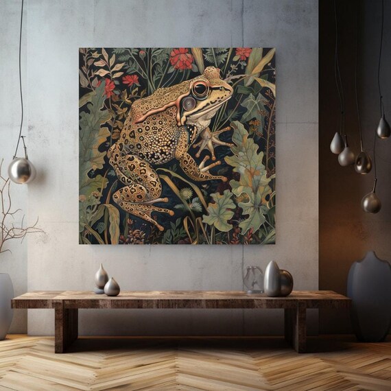 Rustic Nature Inspired Decor William Morris Style Forest Frog Art Ready To Hang Vintage Decor Black Framed Frog Artwork