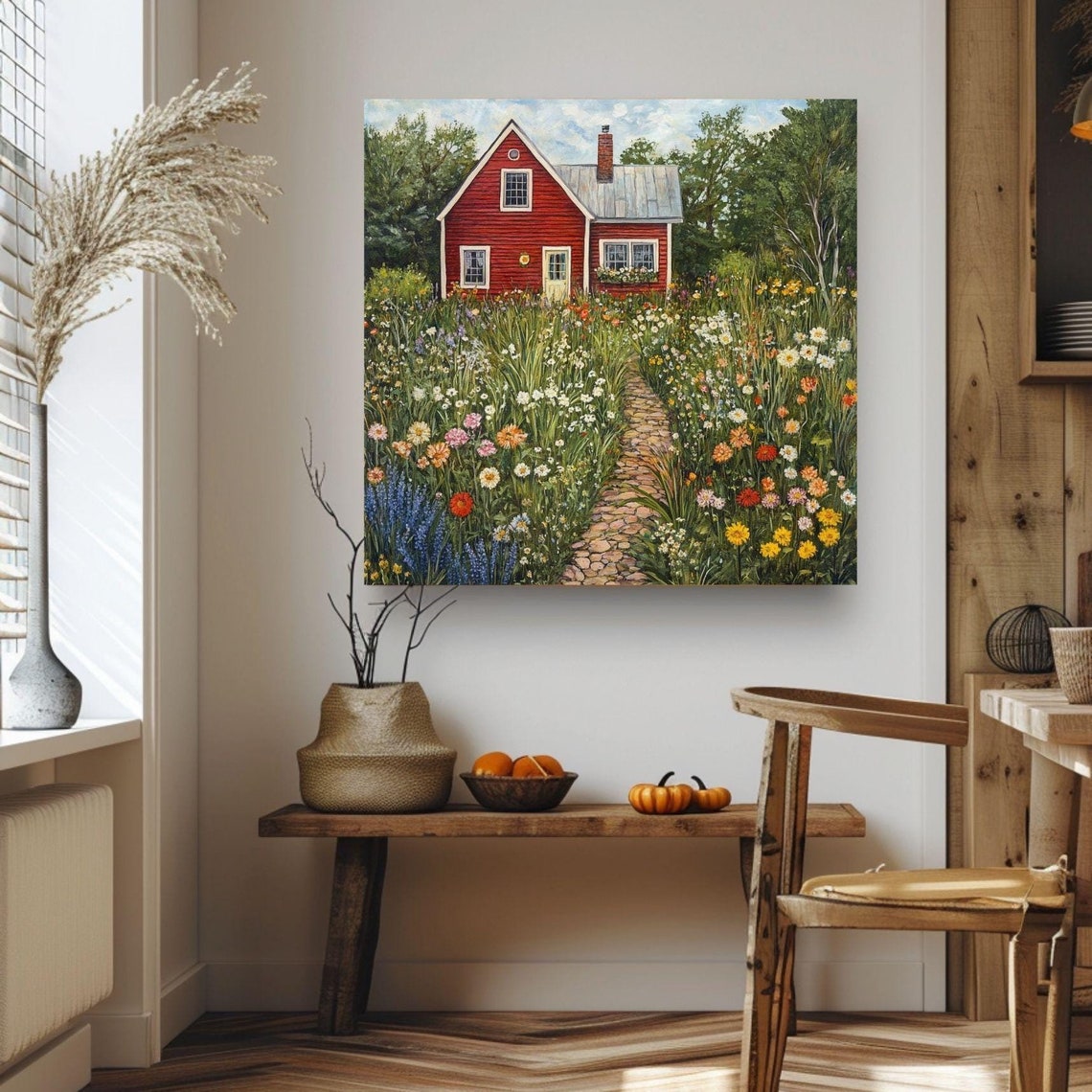 Red Barn Wildflower Meadow Stone Path Summer Garden Art Print