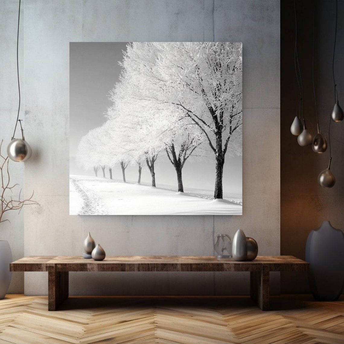Monochrome Frost Covered Trees Snowy Path Winter White Minimal Poster