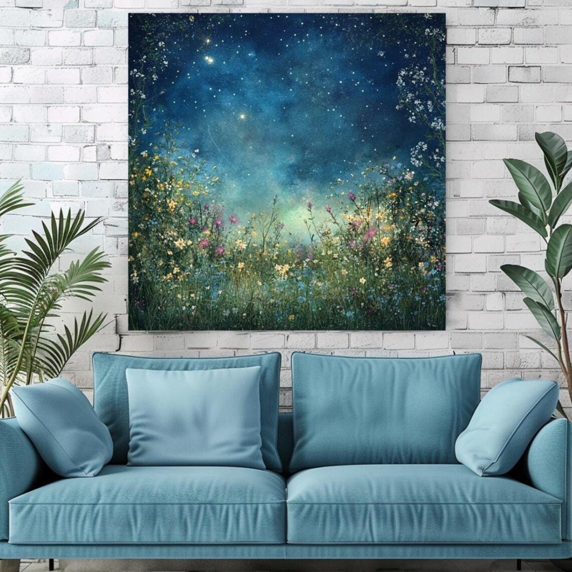 Wildflower Meadow Under Starry Night Sky Dreamy Nature Art Poster