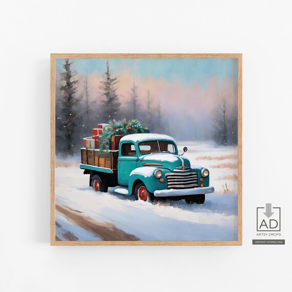 Vintage Teal Pickup Truck Christmas Tree Snowy Scene Nostalgia Poster