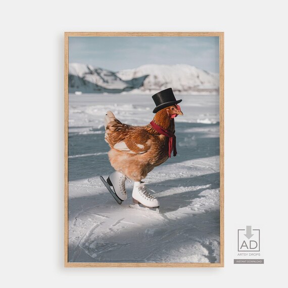 Funny Chicken Ice Skating Print Winter Wonderland Animal Art Whimsical Photo Fun Farmhouse Decor In Top Hat