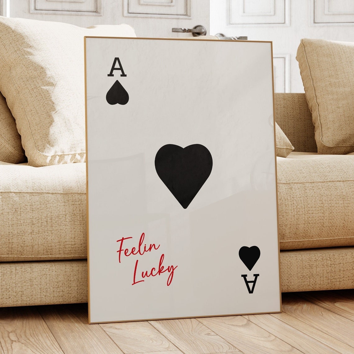 Trendy Feelin Lucky Ace of Hearts Card Red Script Retro Wall Art