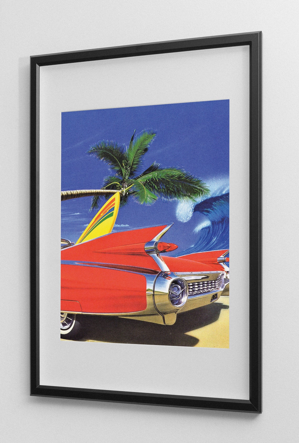 Red Classic Car Surfboard Palm Tree Crashing Wave Retro Poster - Image 2