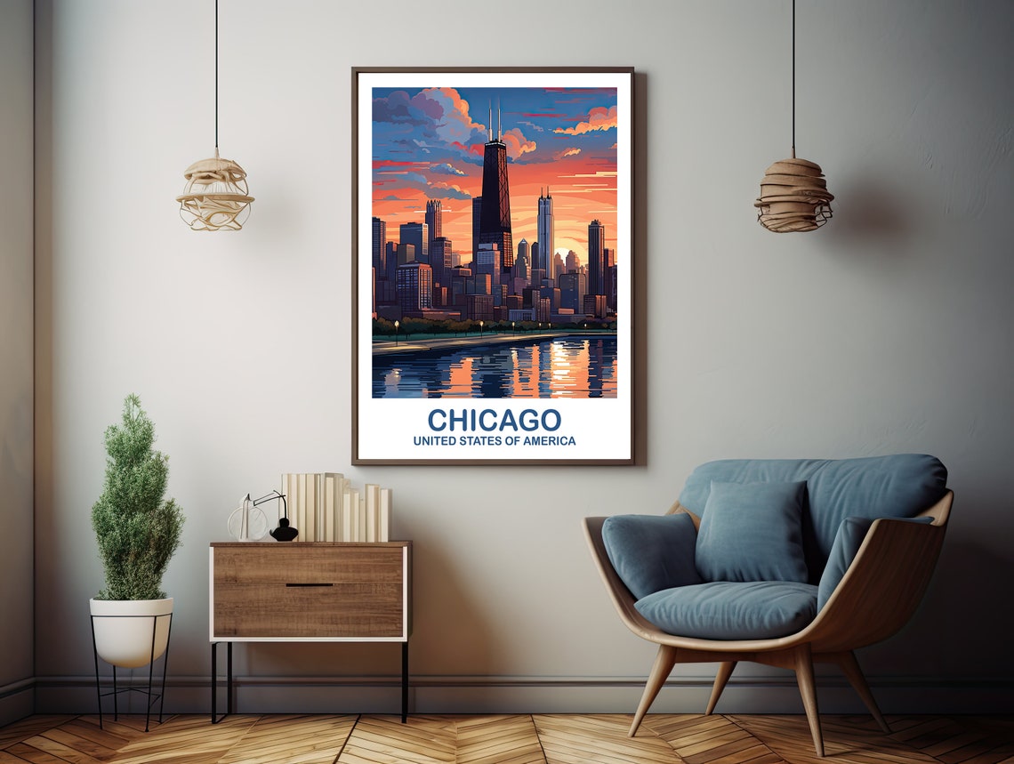 Chicago Illinois Skyline Sunset Reflection Retro Travel Poster - Image 3