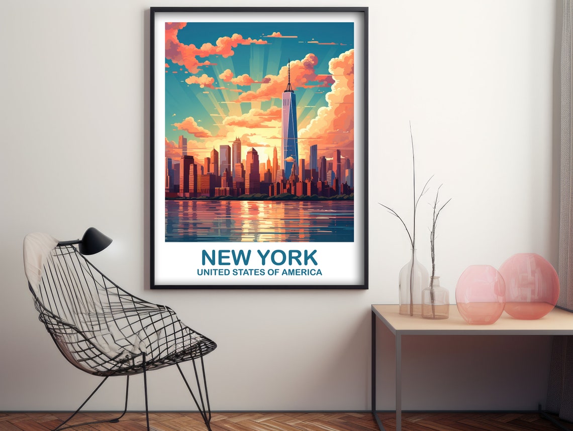 New York USA Manhattan Skyline Sunset One World Trade Travel Poster - Image 3