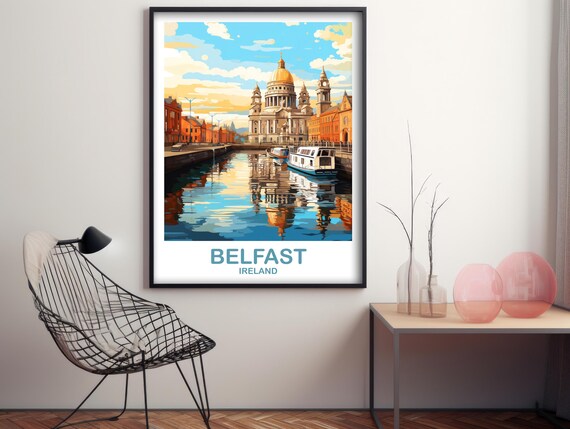 Belfast Ireland Travel Poster Domed Landmark River Reflection Art