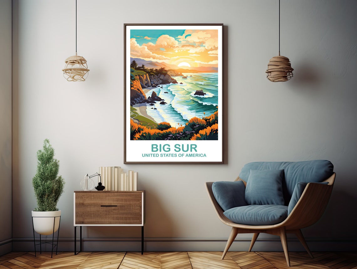 Big Sur California Coast Sunset Waves Rocky Cliffs Retro Art Poster - Image 2