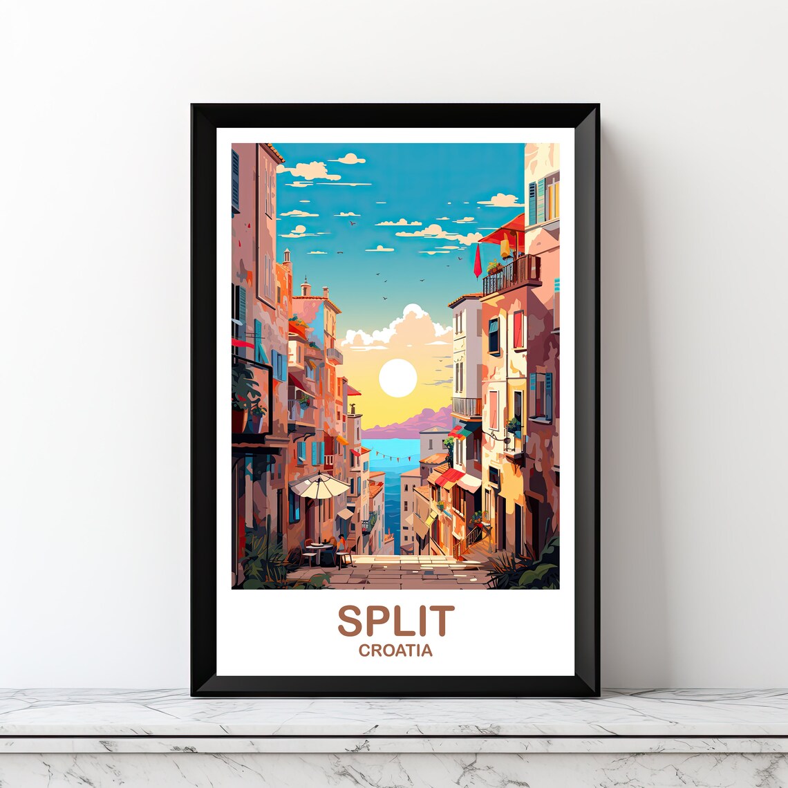 Split Croatia Old Town Street Sunset Sea Vintage Travel Art Poster