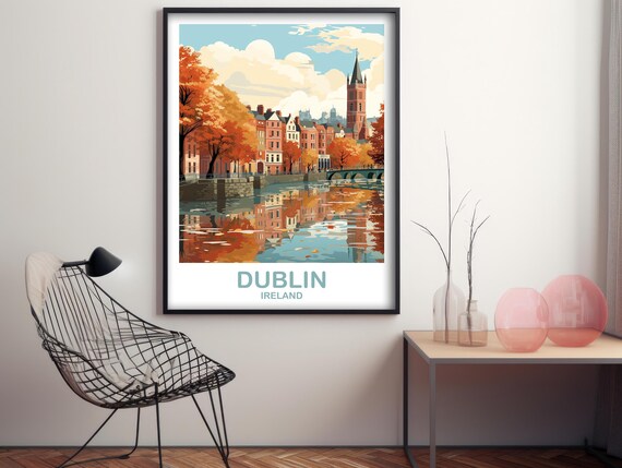 Dublin Ireland Travel Poster Autumn River City Retro Emerald Isle Art