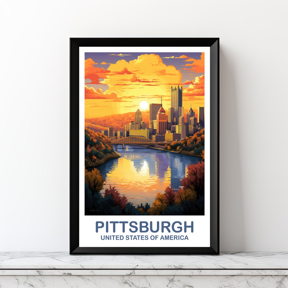 Pittsburgh USA Sunset Skyline River Bridge Reflection Art Poster