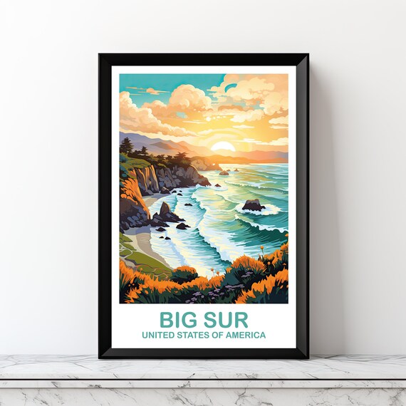 Big Sur California Coast Sunset Waves Rocky Cliffs Retro Art Poster
