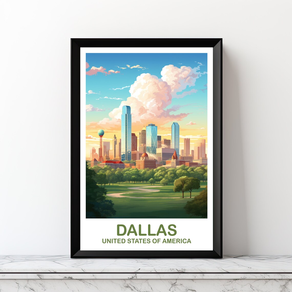 Dallas Texas Downtown Skyline Reunion Tower Park Travel Poster