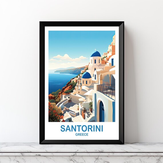 Santorini Greece Travel Blue Domed Churches White Village Coast Poster