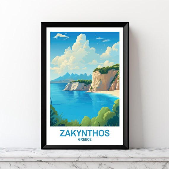 Zakynthos Greece Coastal Cliffs Sandy Beach Vintage Travel Poster