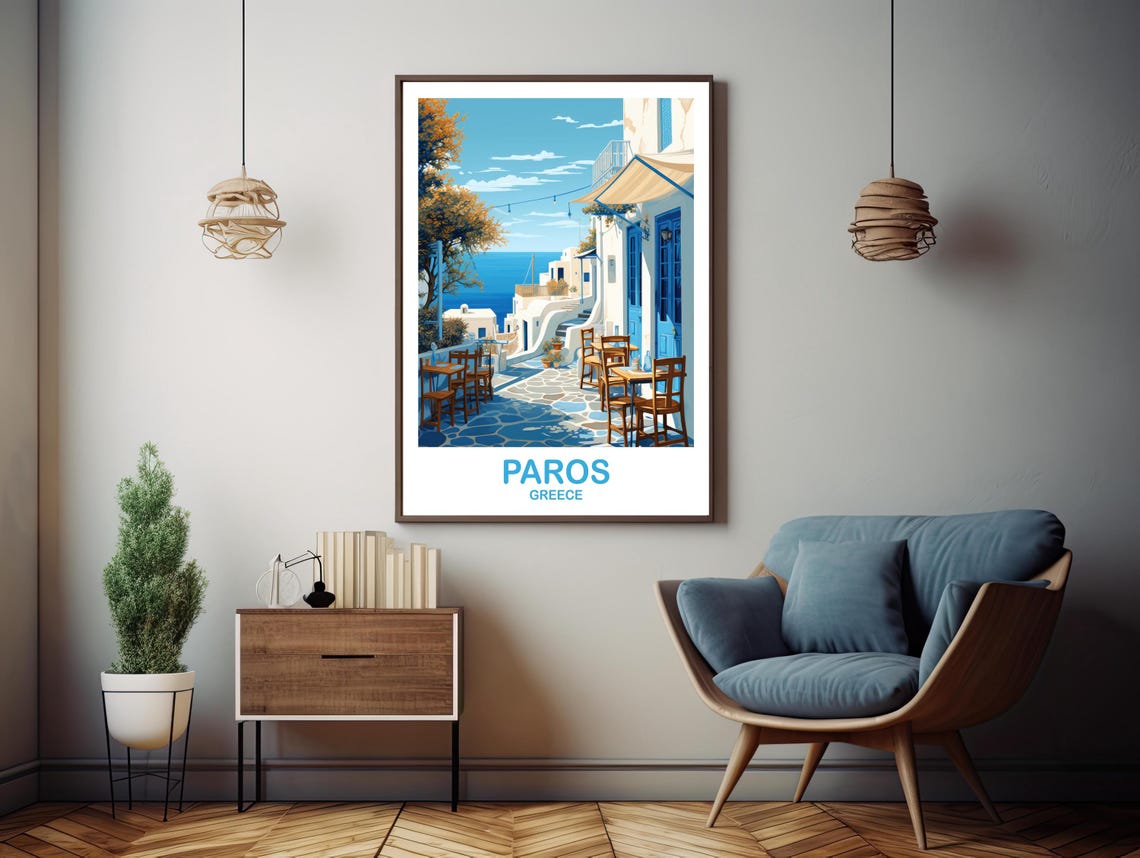 Paros Greece Whitewashed Alley Travel Poster With Cafe Tables and Sea