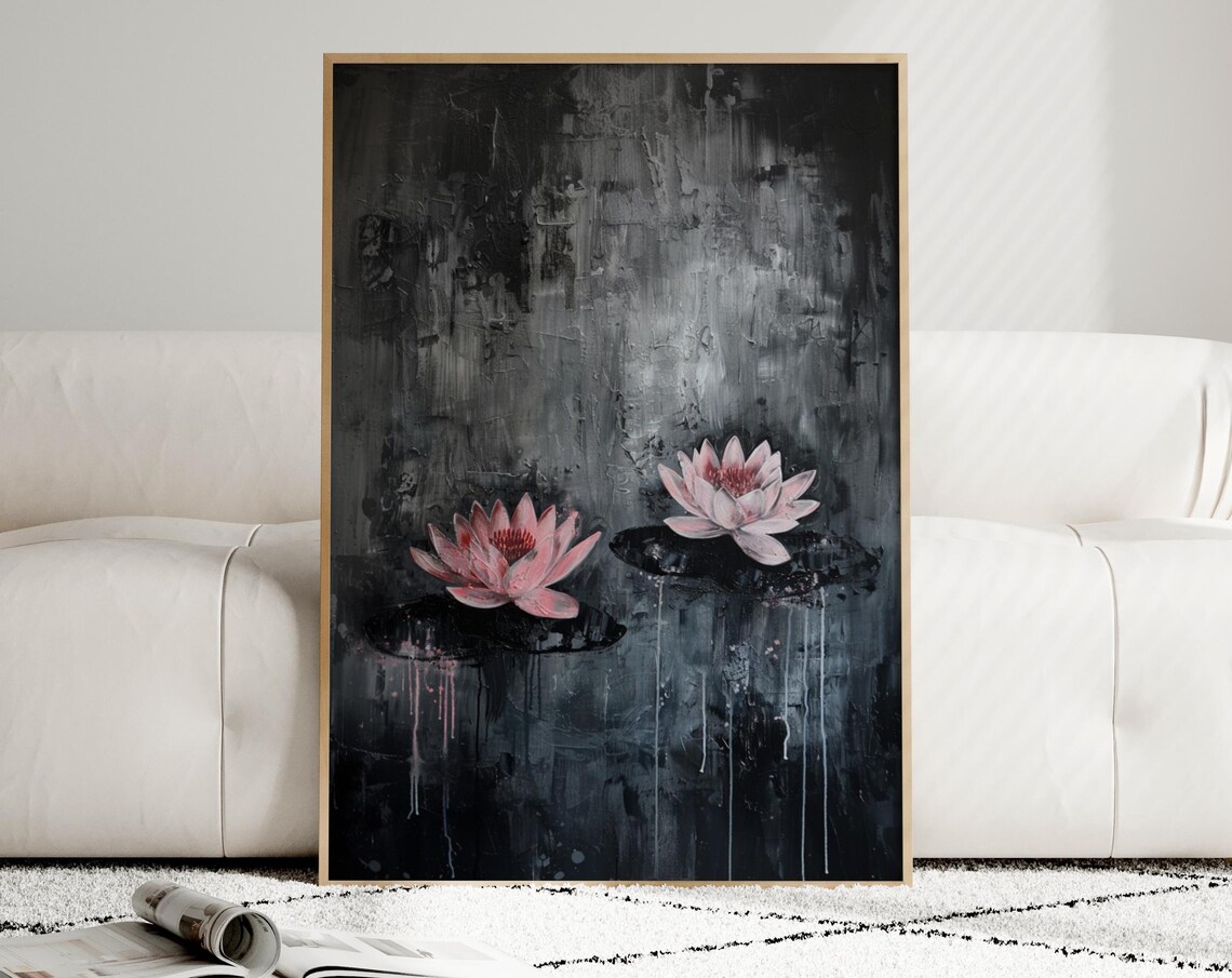 Pink Water Lilies on Dark Water Moody Botanical Painting Art Poster