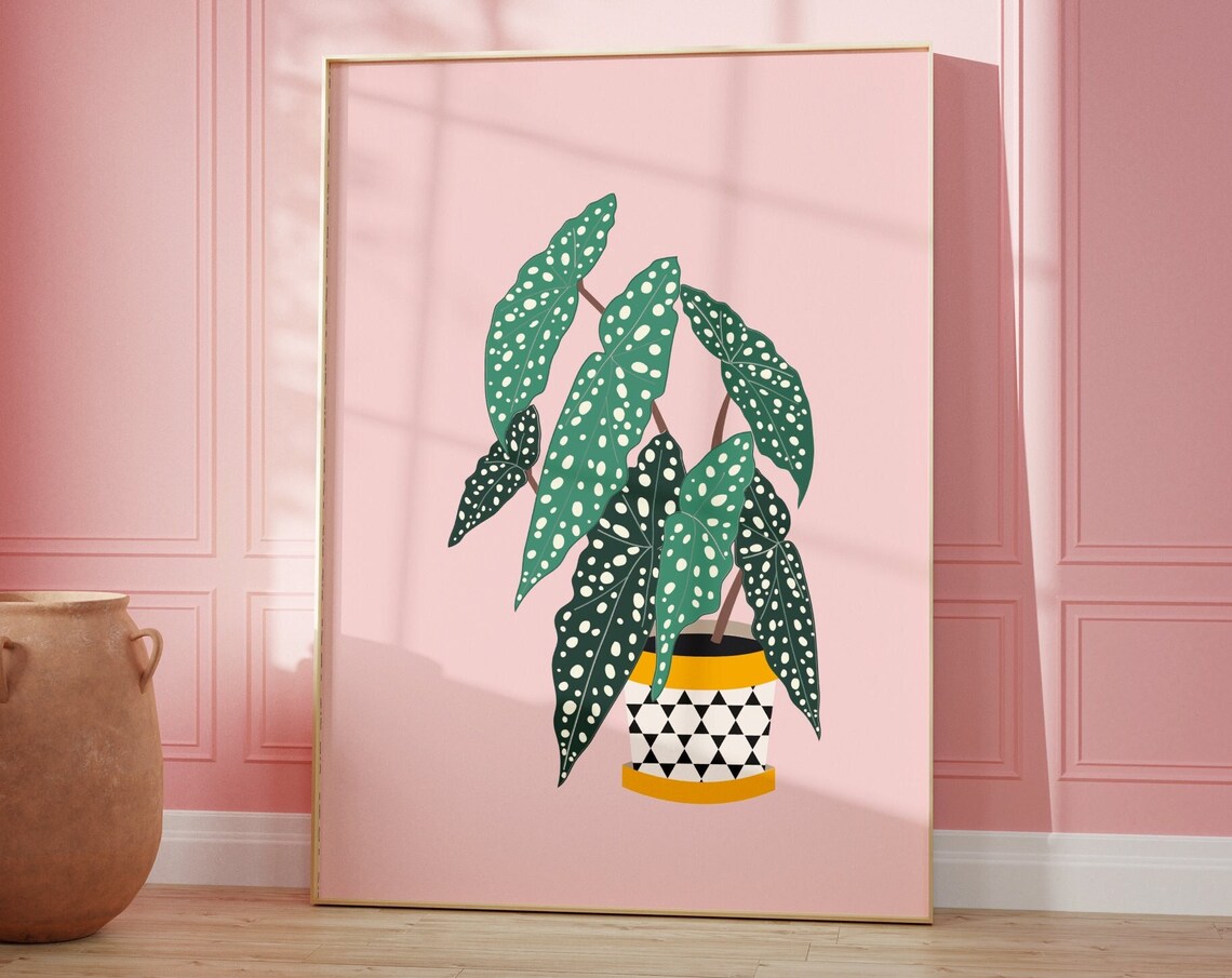 Polka Dot Begonia Geometric Pot Blush Pink Botanical Art Poster