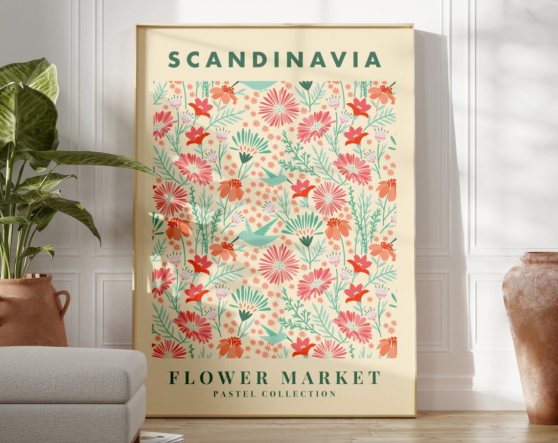 Scandinavia Flower Market Pastel Collection Folk Floral Art Poster