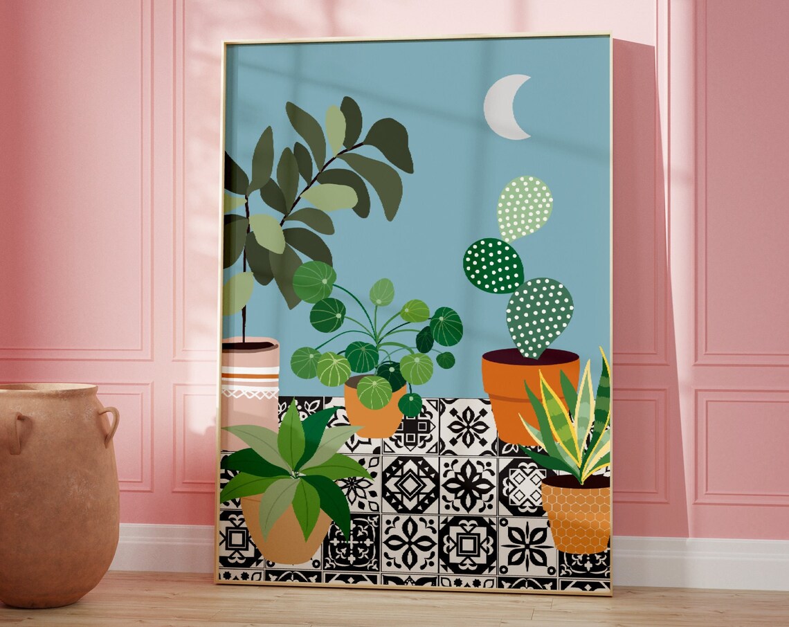 Moonlit Potted Plants Blue Botanical Night Garden Art Poster
