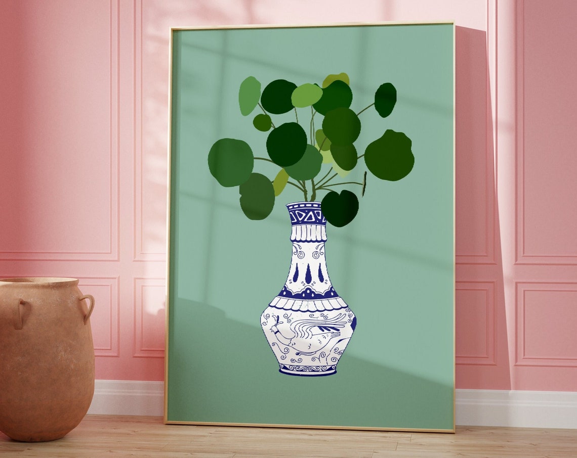 Greek Vase Leafy Plant Sage Green Botanical Illustration Poster