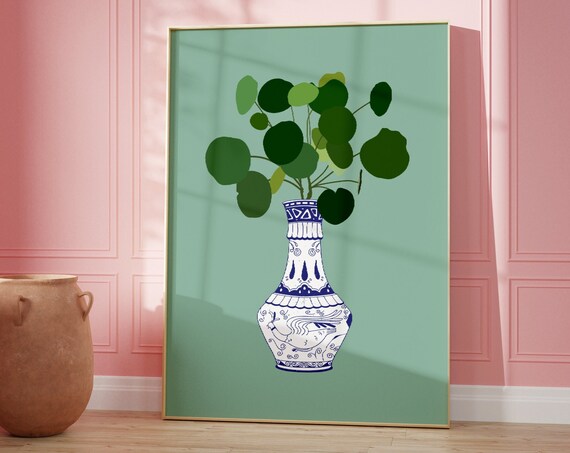 Greek Vase Leafy Plant Sage Green Botanical Illustration Poster