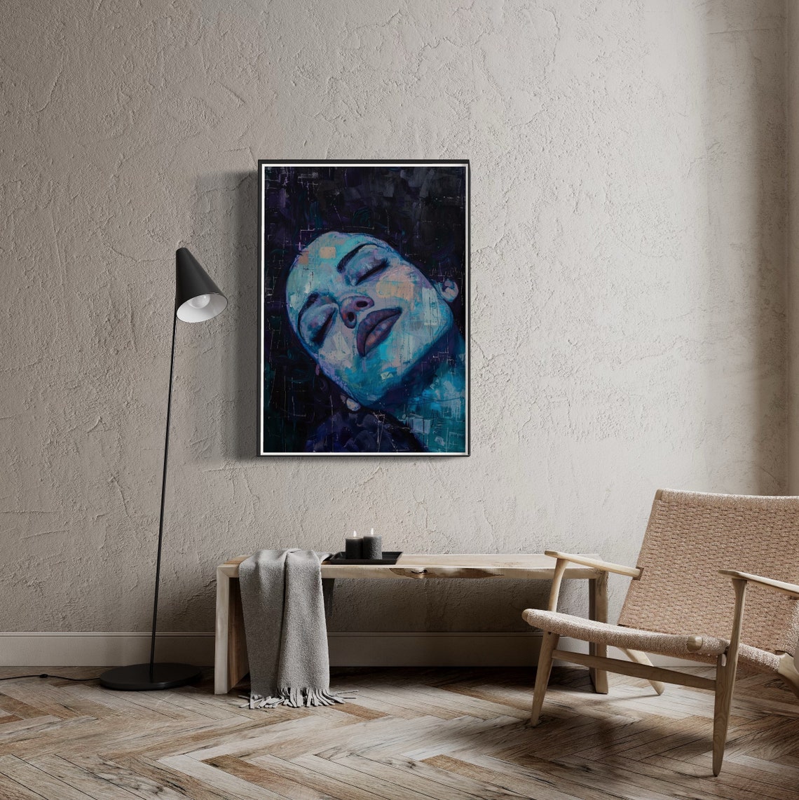 Blue Impasto Woman Portrait Serene Closed Eyes Dramatic Art Print - Image 3