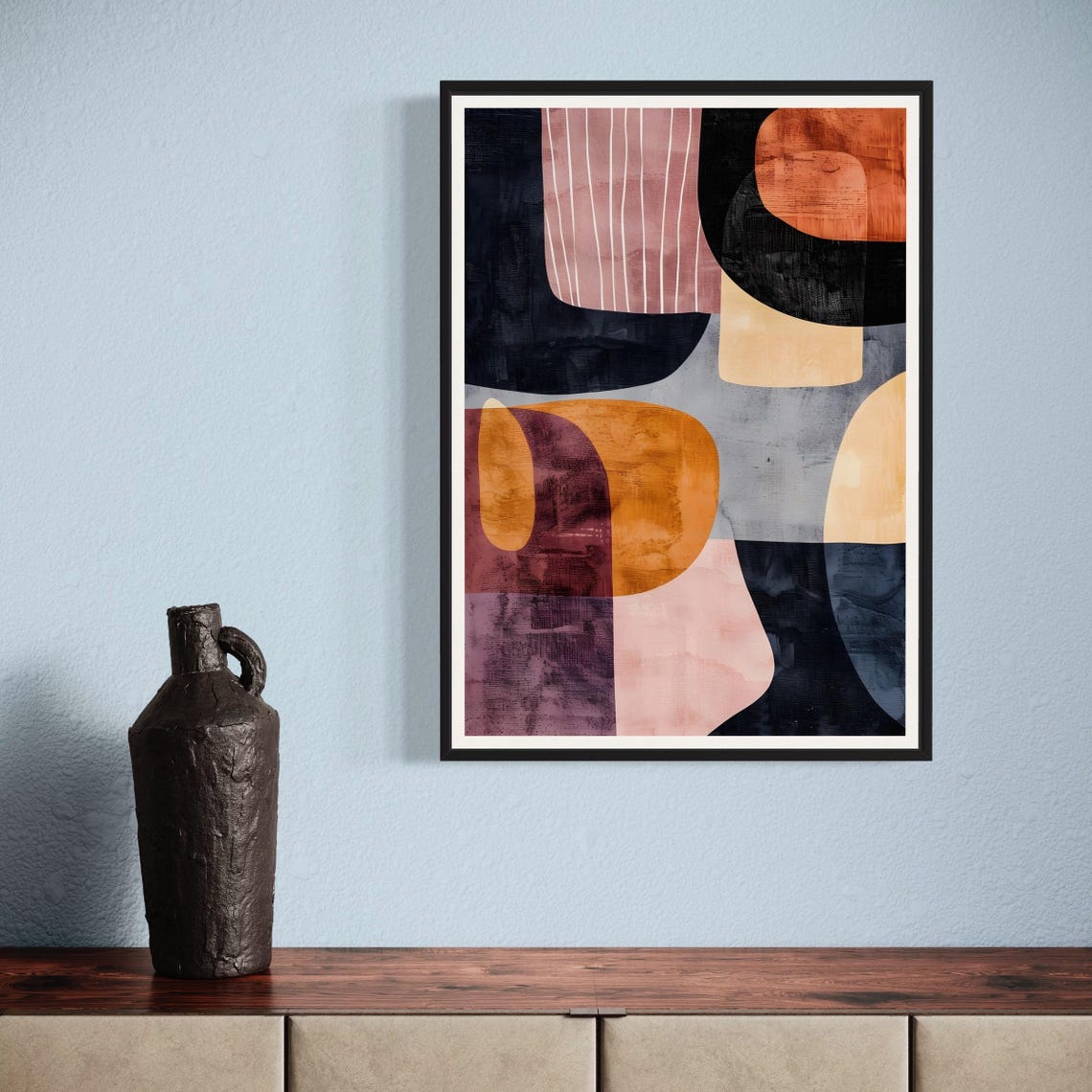Pastel Geometric Abstract Bold Black Ochre Pink Shapes Wall Art Print - Image 3