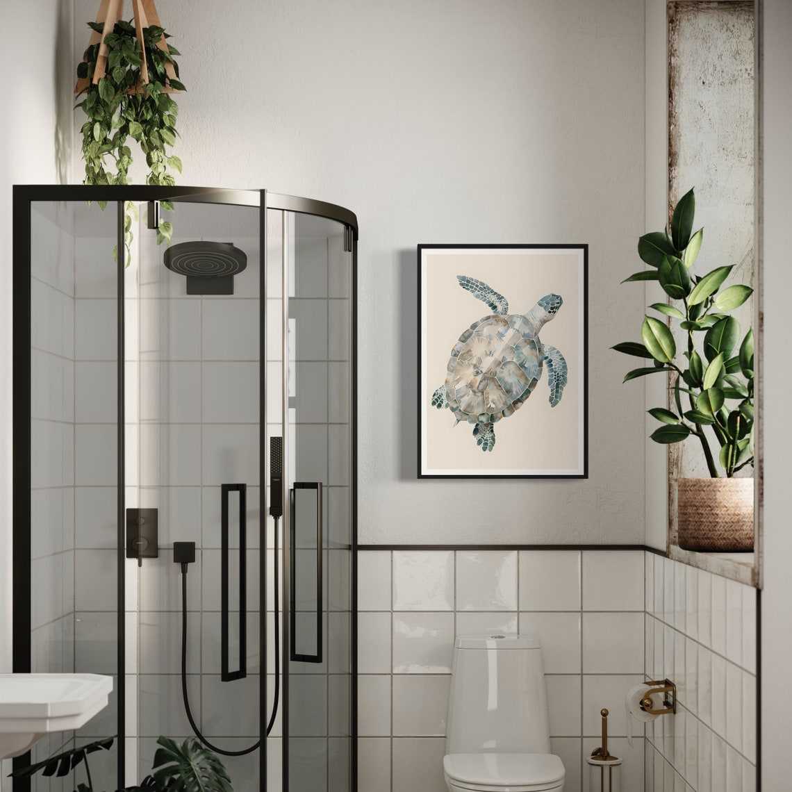 Sea Turtle Watercolor Minimal Coastal Beige Bathroom Art Print - Image 2