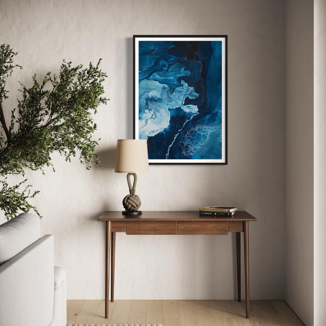 Deep Blue Ocean Abstract Fluid Ink Marble Contemporary Art Print - Image 3