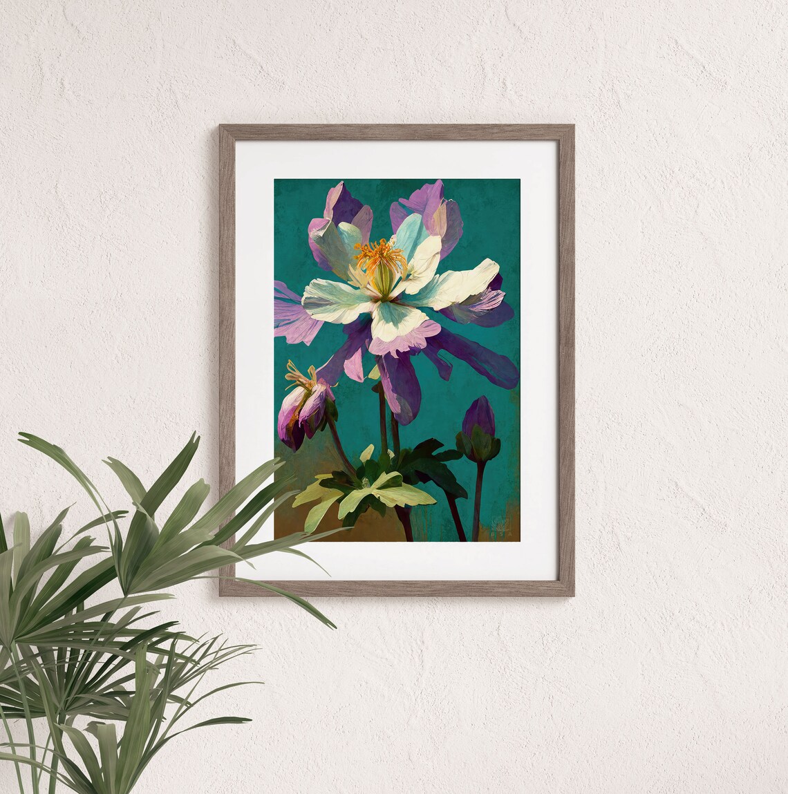 Purple Columbine Flower Painterly Teal Botanical Garden Art Poster - Image 3