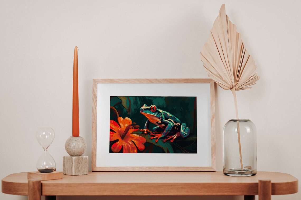 Red Eyed Tree Frog Perched by Orange Blossom Jungle Art Poster - Image 3