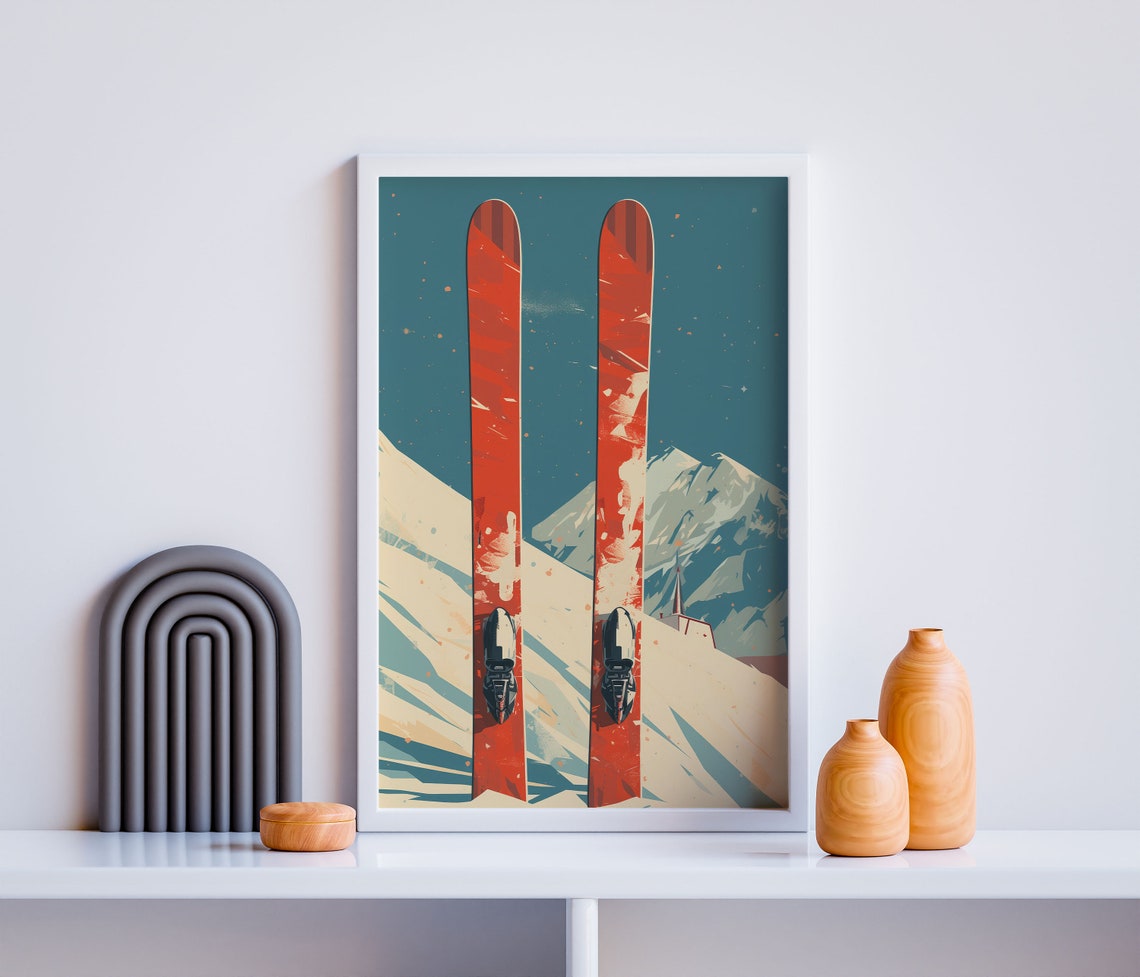 Red Skis Retro Mountain Slope Vintage Alpine Winter Sport Wall Art - Image 3