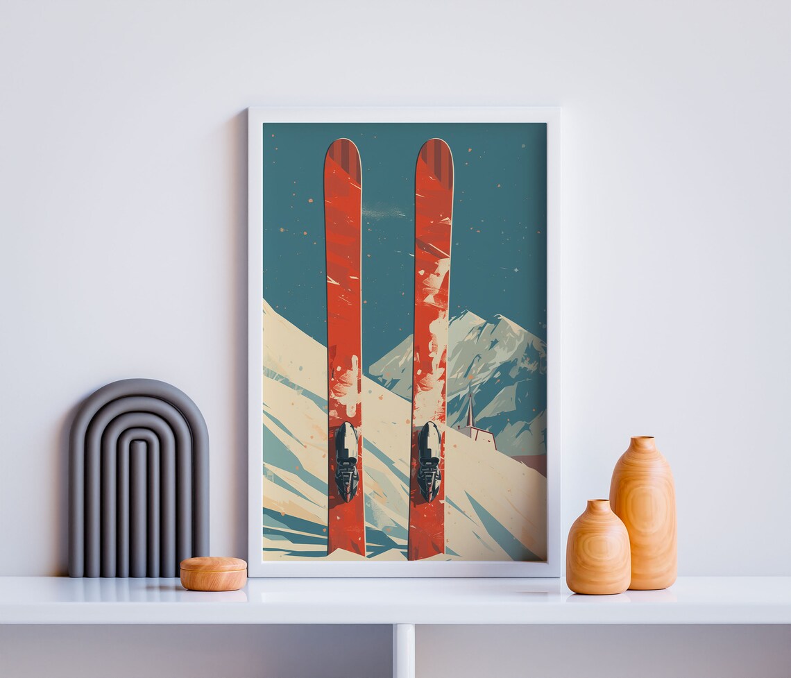Vintage Red Skis Swiss Resort Travel Poster - Image 3