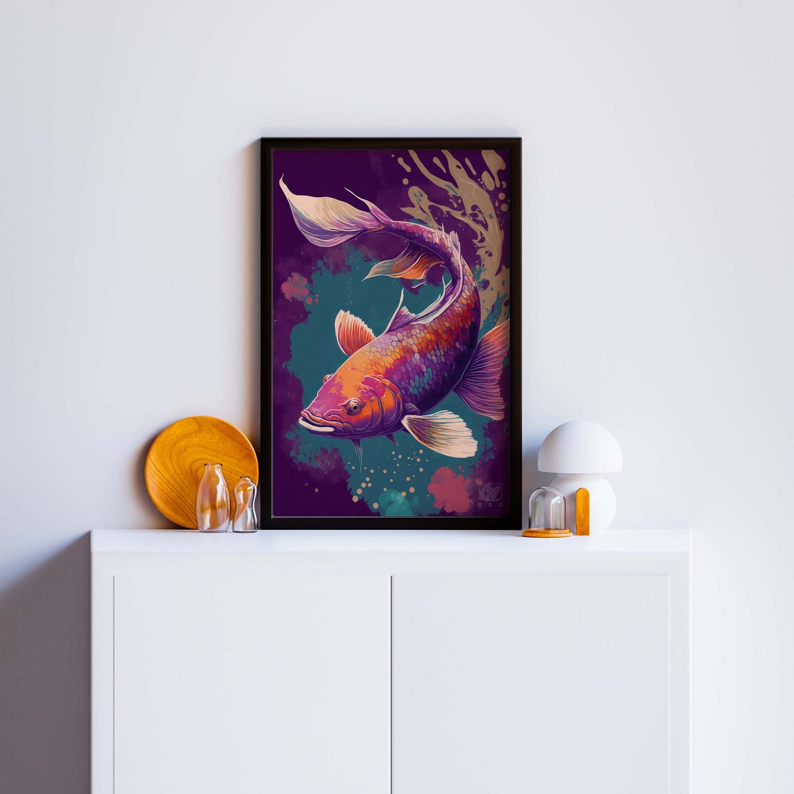 Vibrant Neon Koi Fish Swirling in Deep Purple Waters Art Poster