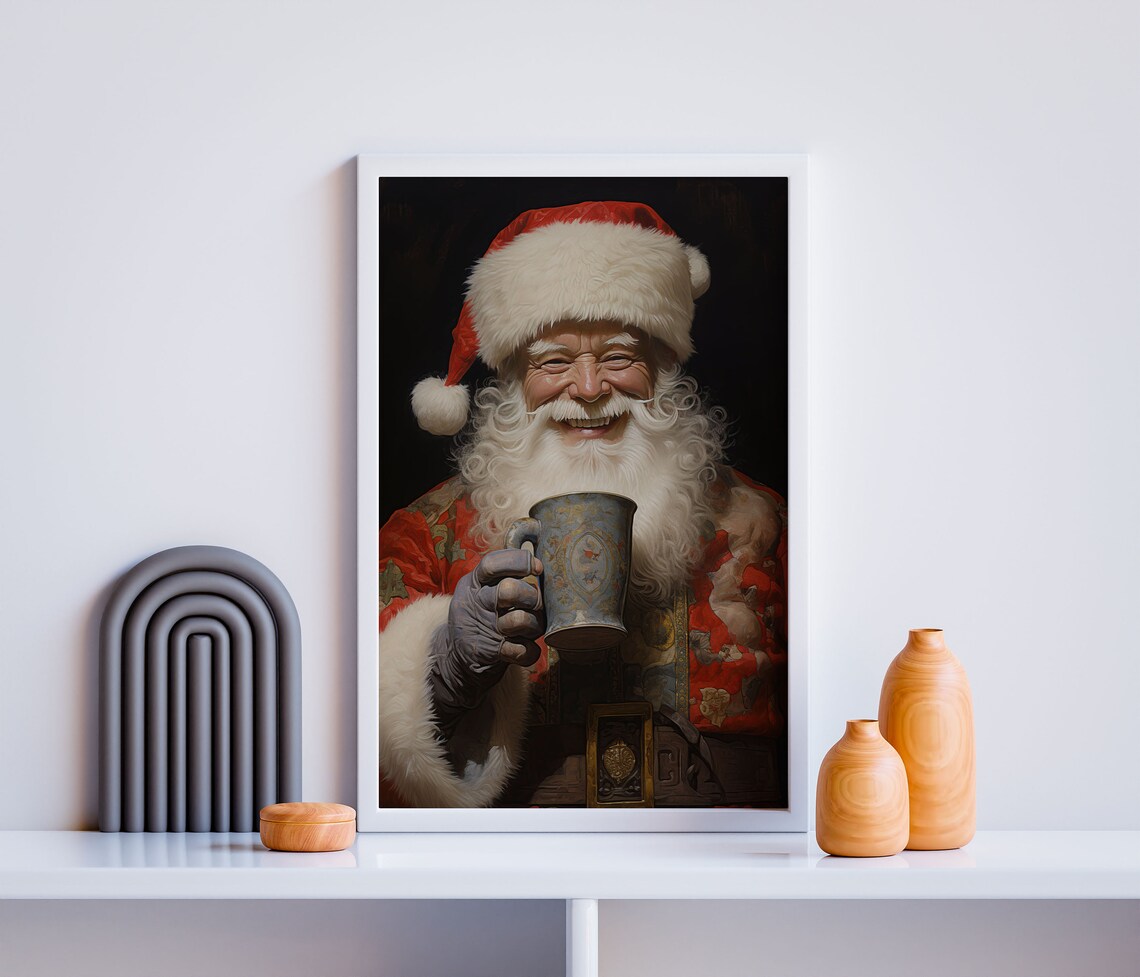 Smiling Santa Claus Raising Antique Tankard Jolly Christmas Toast Wall Art - Image 2