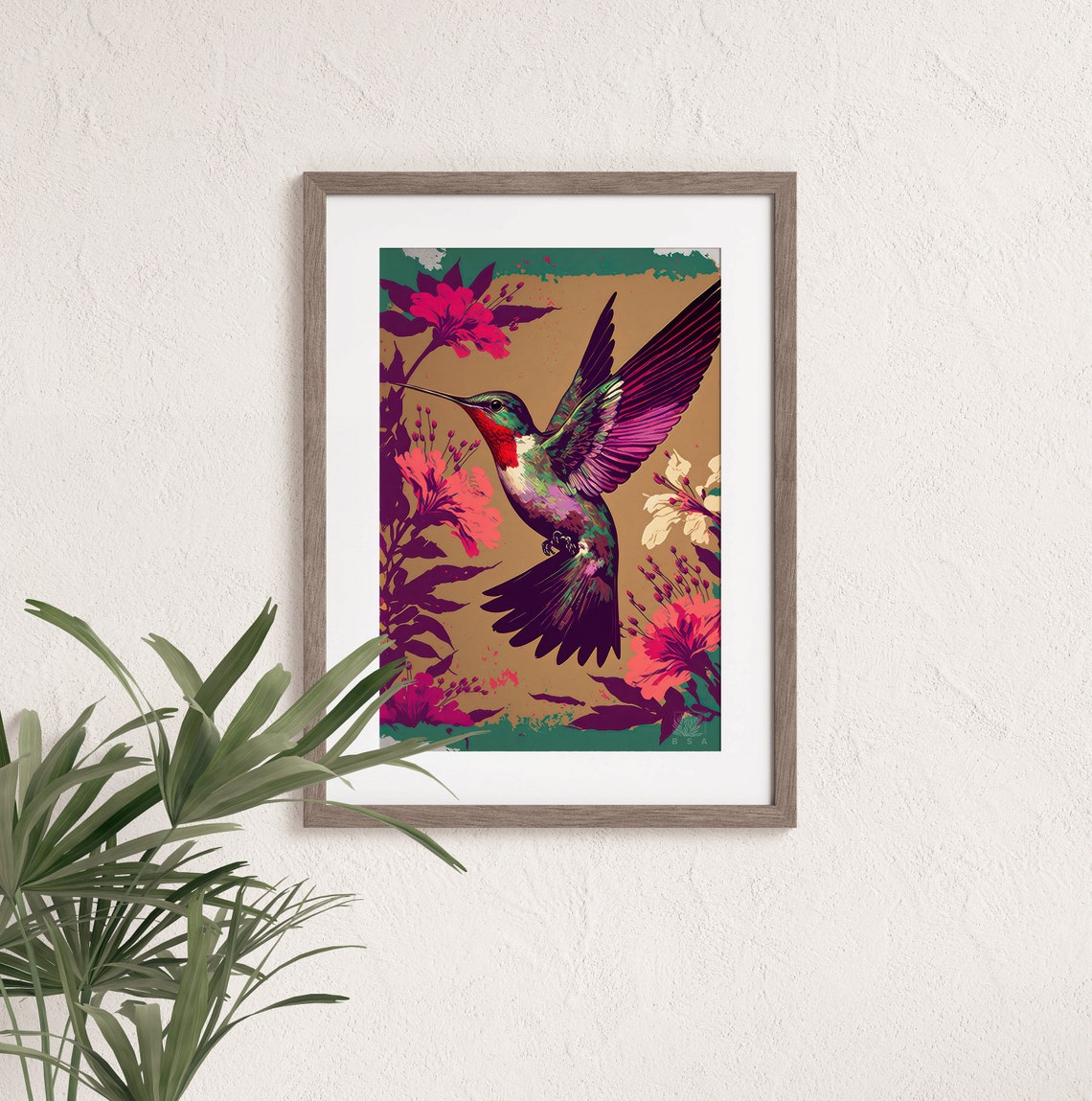 Ruby Throated Hummingbird Poster In Flight Pink Floral Gold Art - Image 2