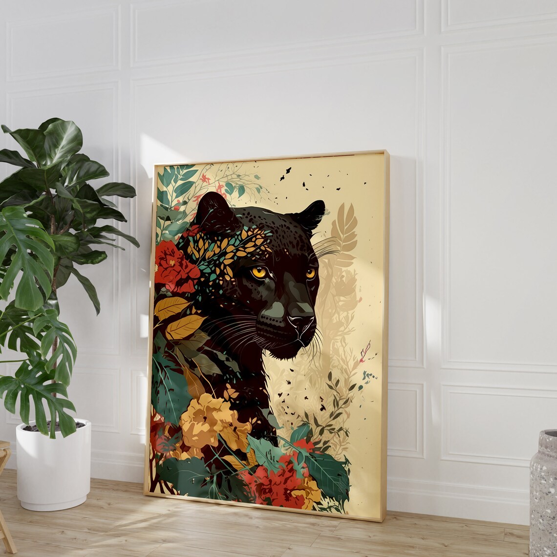 Black Jaguar Floral Pattern Art Deco Tropical Jungle Wildlife Poster - Image 2