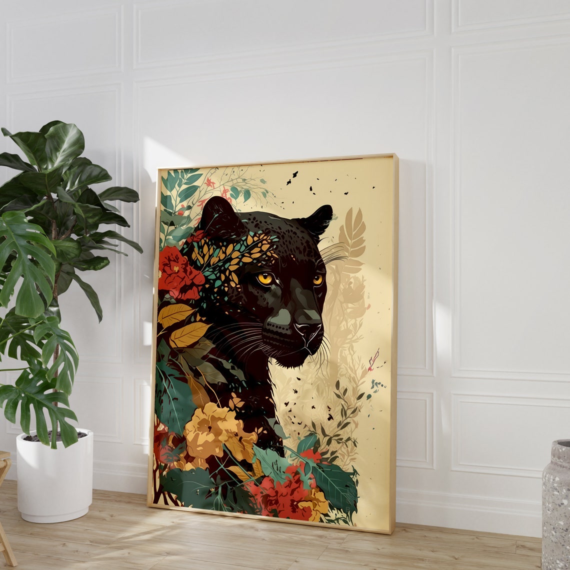 Modern Black Jaguar Poster Minimalist Jungle Artwork Prints Rainforest Art Deco - Image 2