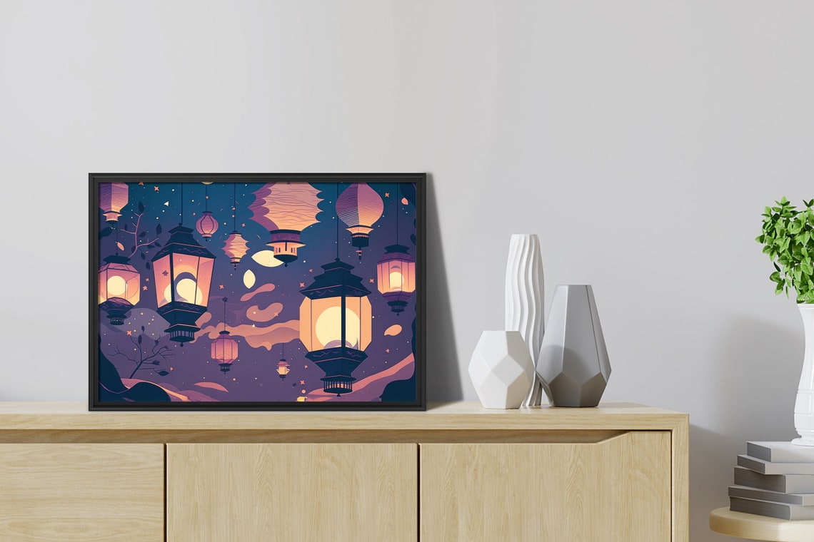 Glowing Night Lanterns Starry Sky Purple Dreamy Fantasy Wall Art - Image 2