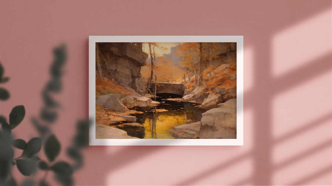 Autumn Gorge Stone Bridge Golden Stream Fall Forest Scenic Wall Art - Image 2