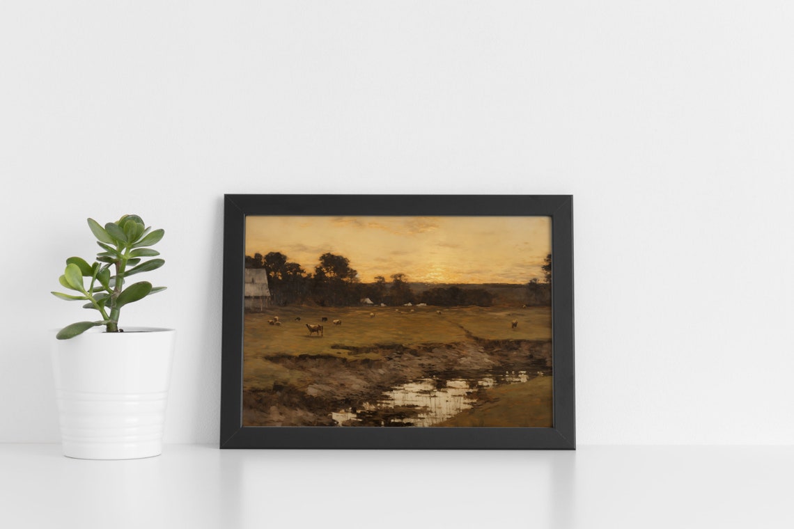 Vintage Moody River Landscape Dark Scenery Oil Painting Rustic Farmhouse Print European Farmhouse Scene Moody Pastoral Art - Image 3