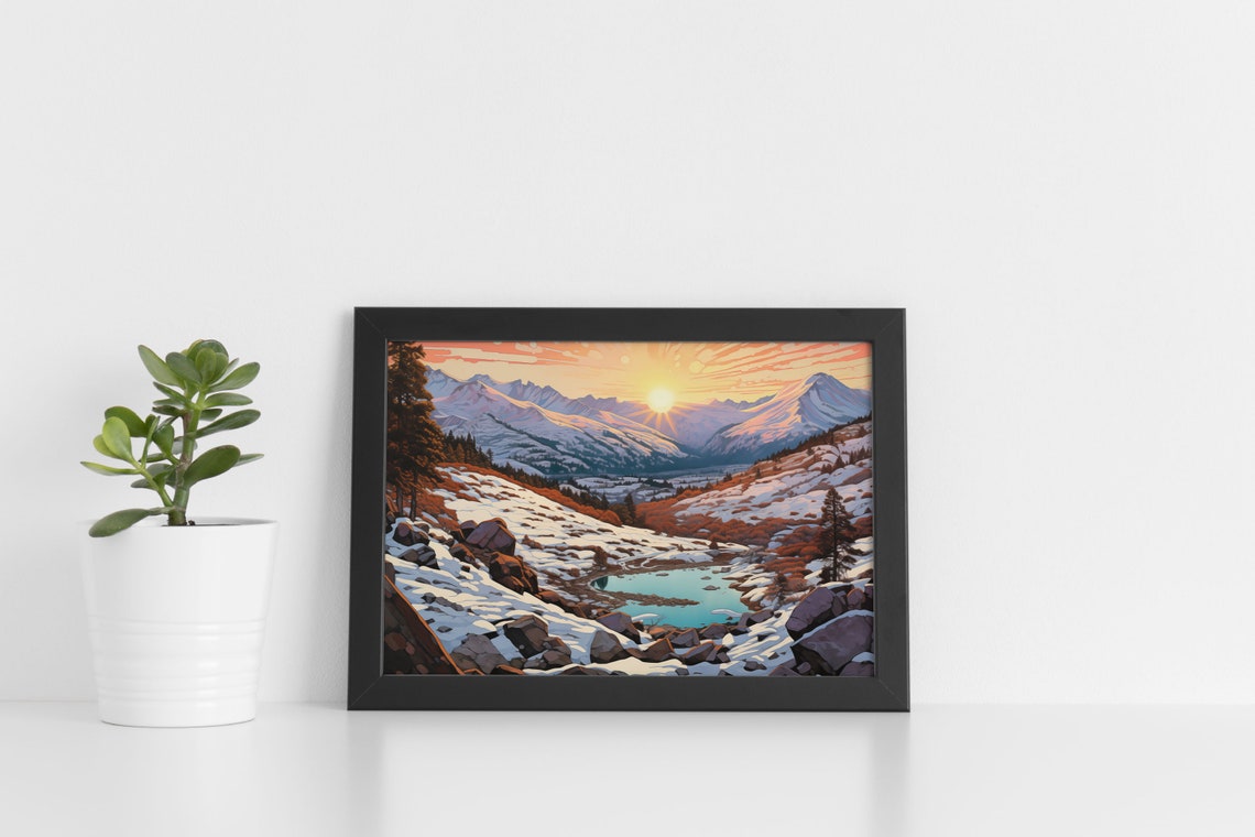 Winter Mountain Sunset Alpine Lake Snowy Peaks Landscape Wall Art - Image 3