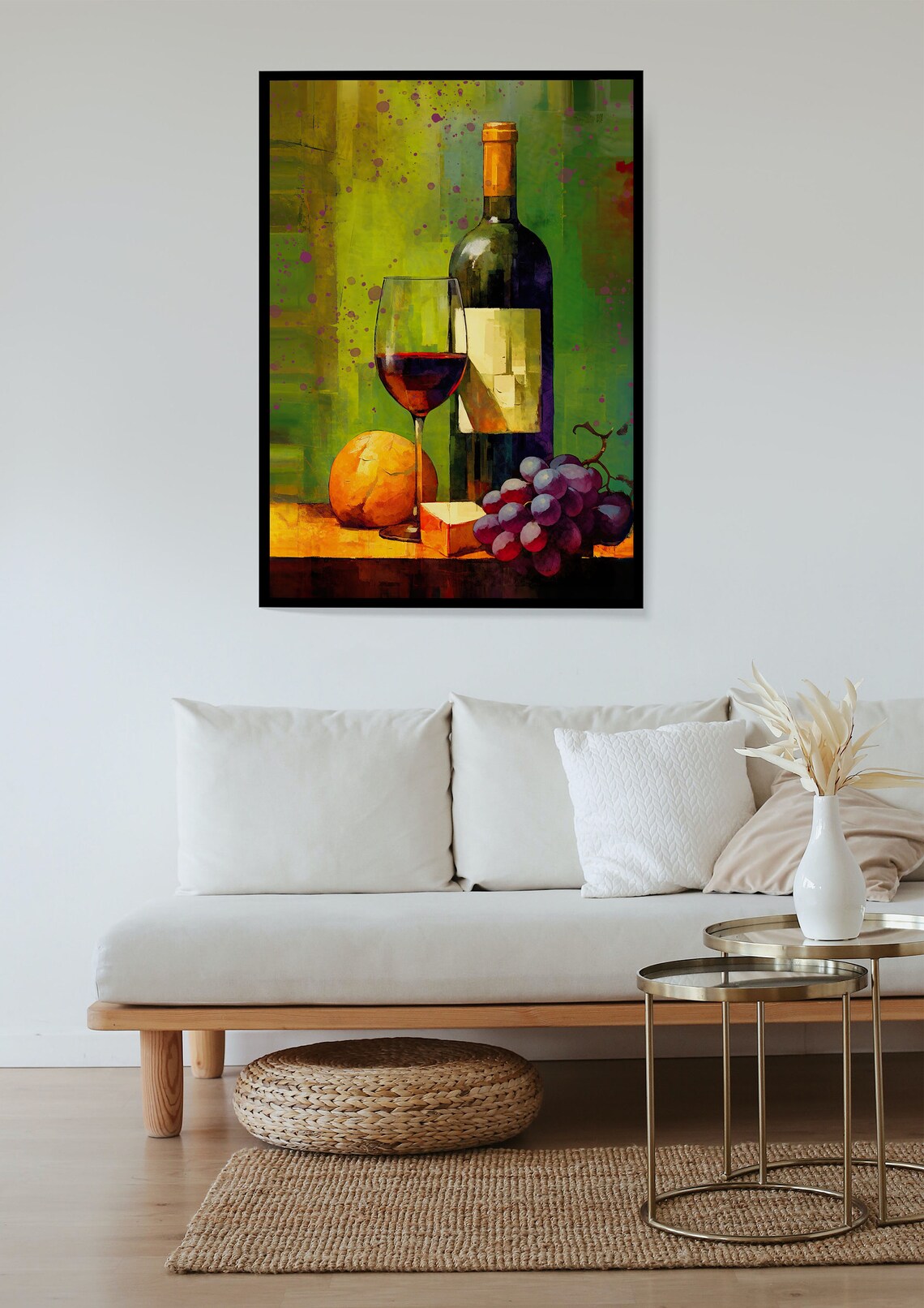 Wine Bottle with Red Wine Glass Grapes Still Life Green Art Poster - Image 3