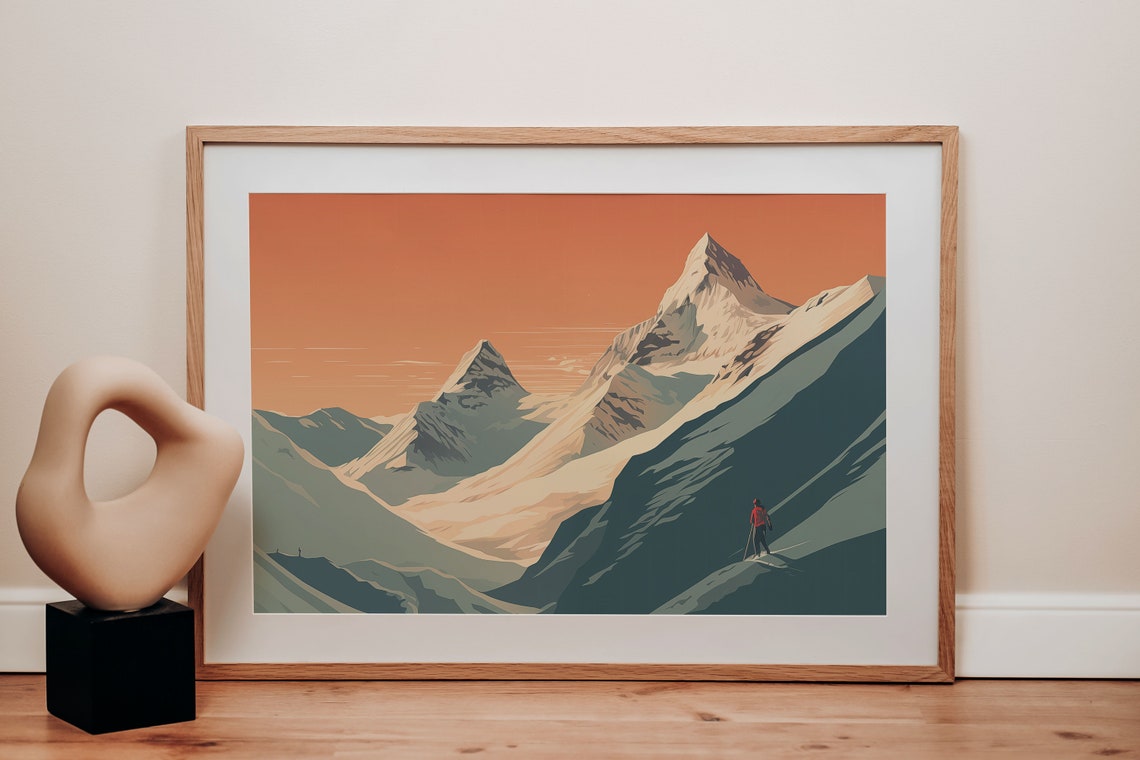 Minimalist Alpine Peaks Orange Sunset Mountain Skiing Poster - Image 2