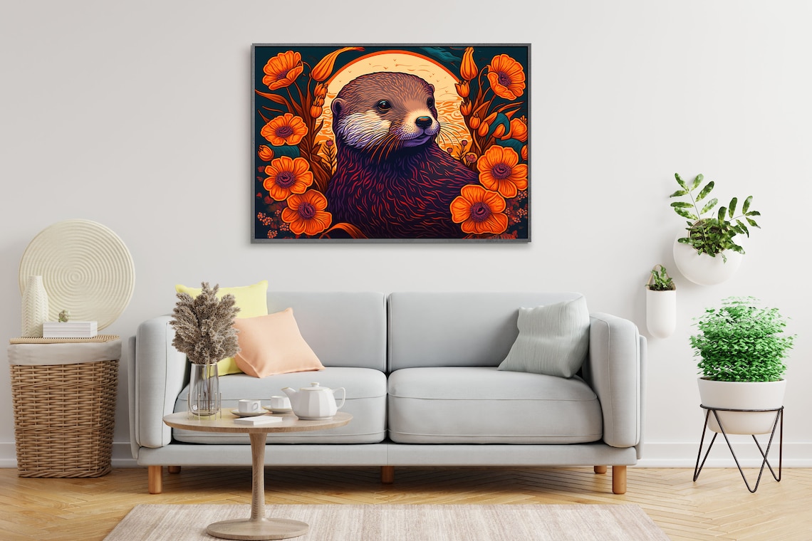 Sea Otter Sunset Orange Poppy Field Art Nouveau Wildlife Poster - Image 2